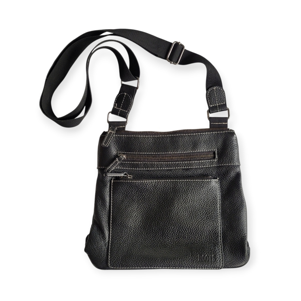 Roots Pebbled Leather Crossbody Bag Black Medium Size